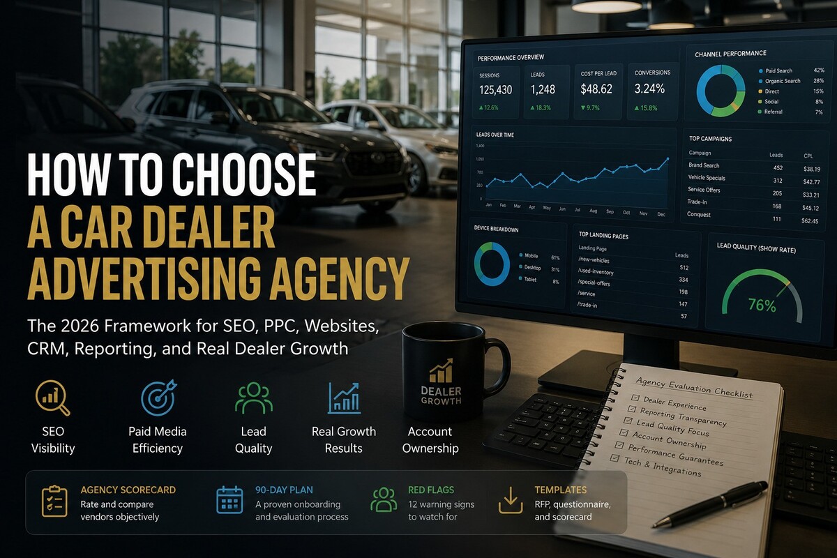 Car dealer advertising agency selection framework with dealership marketing dashboard and agency scorecard
