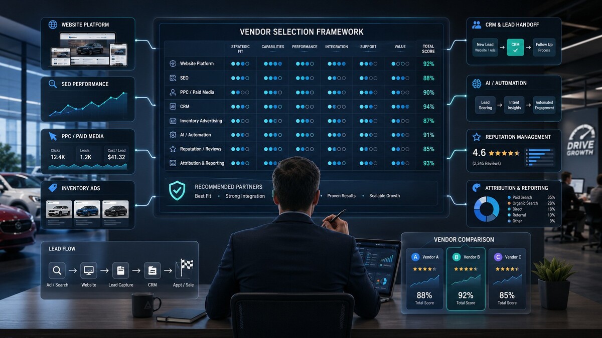 Dealer vendor selection framework for comparing CRM, website, SEO, PPC, CDP, AI, reputation and reporting vendors