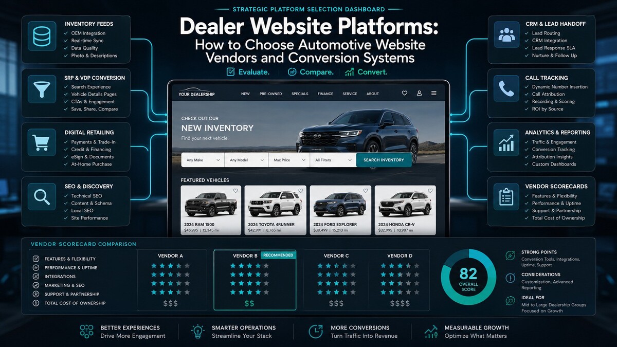 Dealer website platform selection framework showing SRP, VDP, inventory feed, CRM handoff, digital retailing, SEO and analytics controls