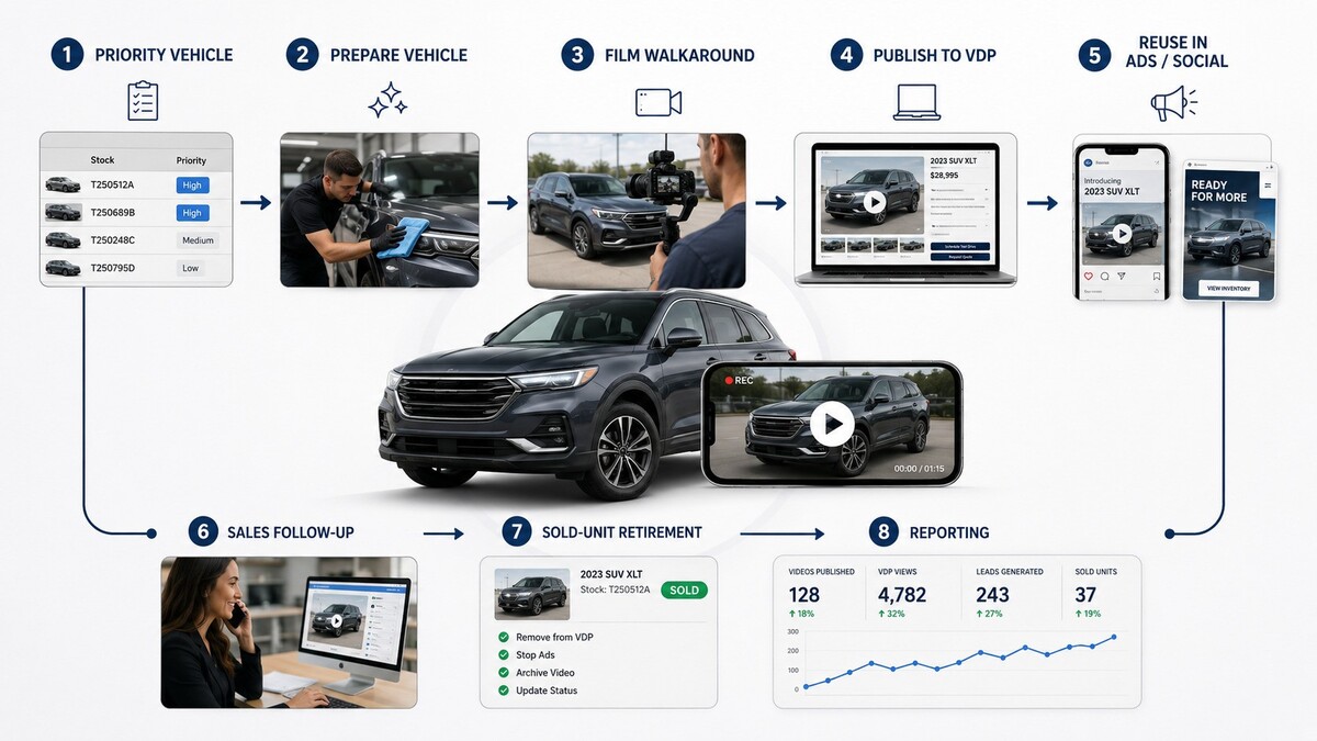 Dealership vehicle video walkaround workflow from inventory prioritization and filming to VDP publishing, sales follow-up, sold-unit retirement and reporting