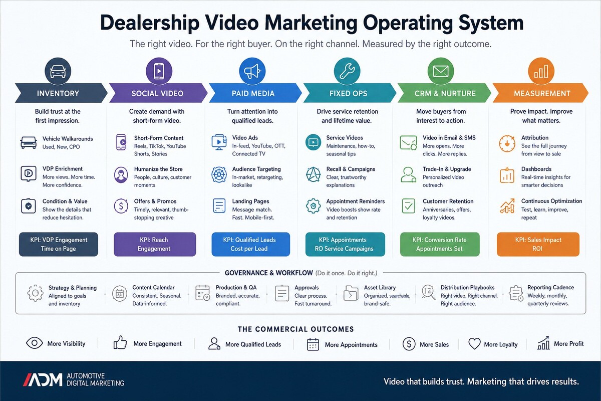 Dealership video marketing operating system: inventory video, social content, paid media, fixed ops, CRM and measurement