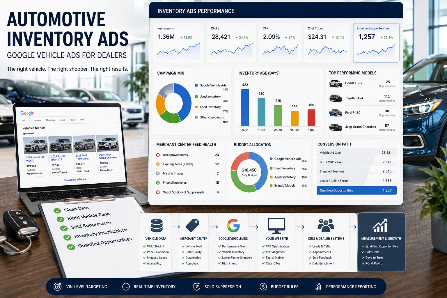 Automotive inventory ads dashboard showing Google Vehicle Ads, VIN feed health, used and aged inventory, sold-unit suppression, SRP and VDP paths, budget allocation and CRM outcomes