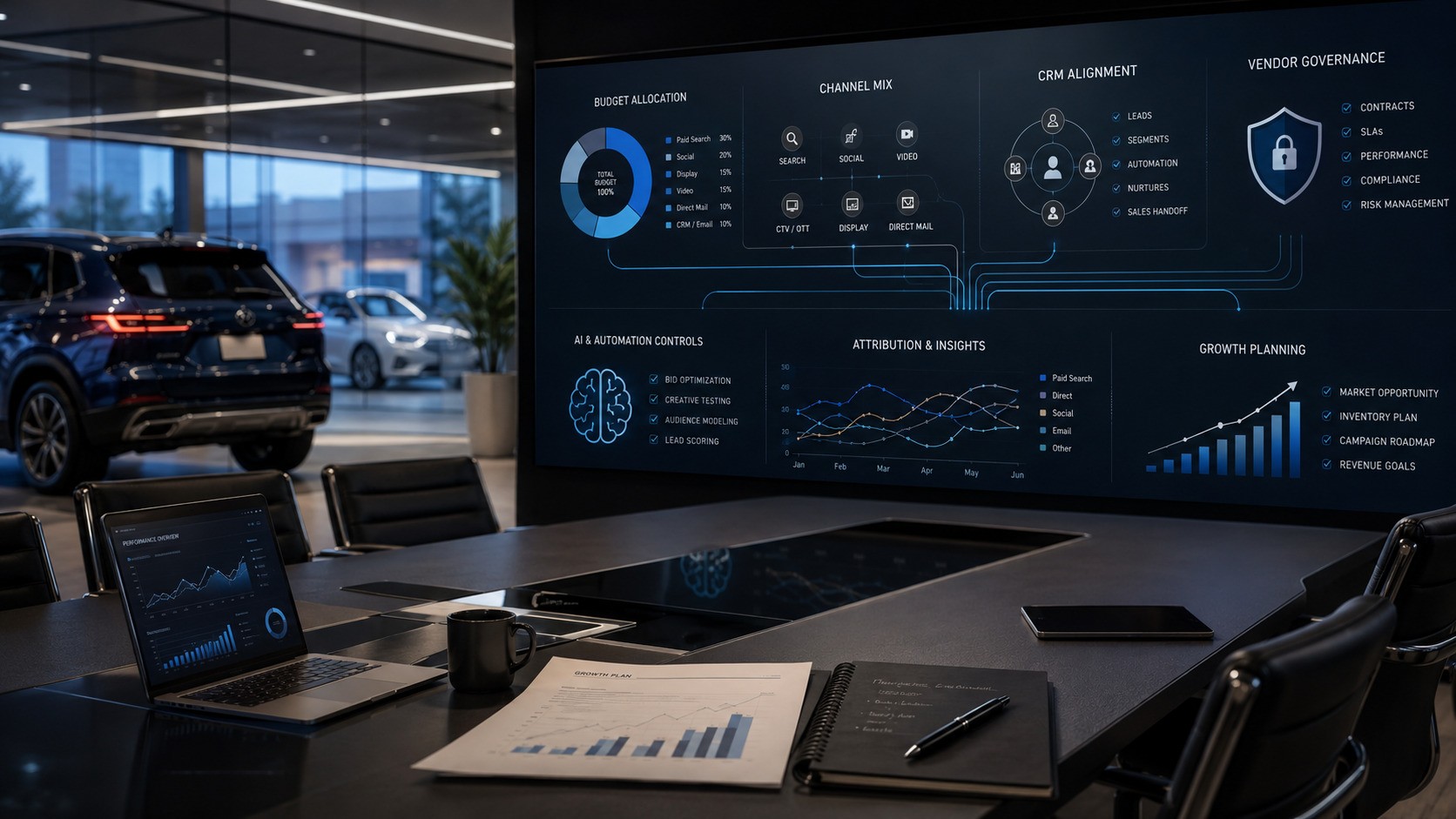 Automotive marketing strategy framework for dealership budget, channels, vendors, CRM, AI and attribution