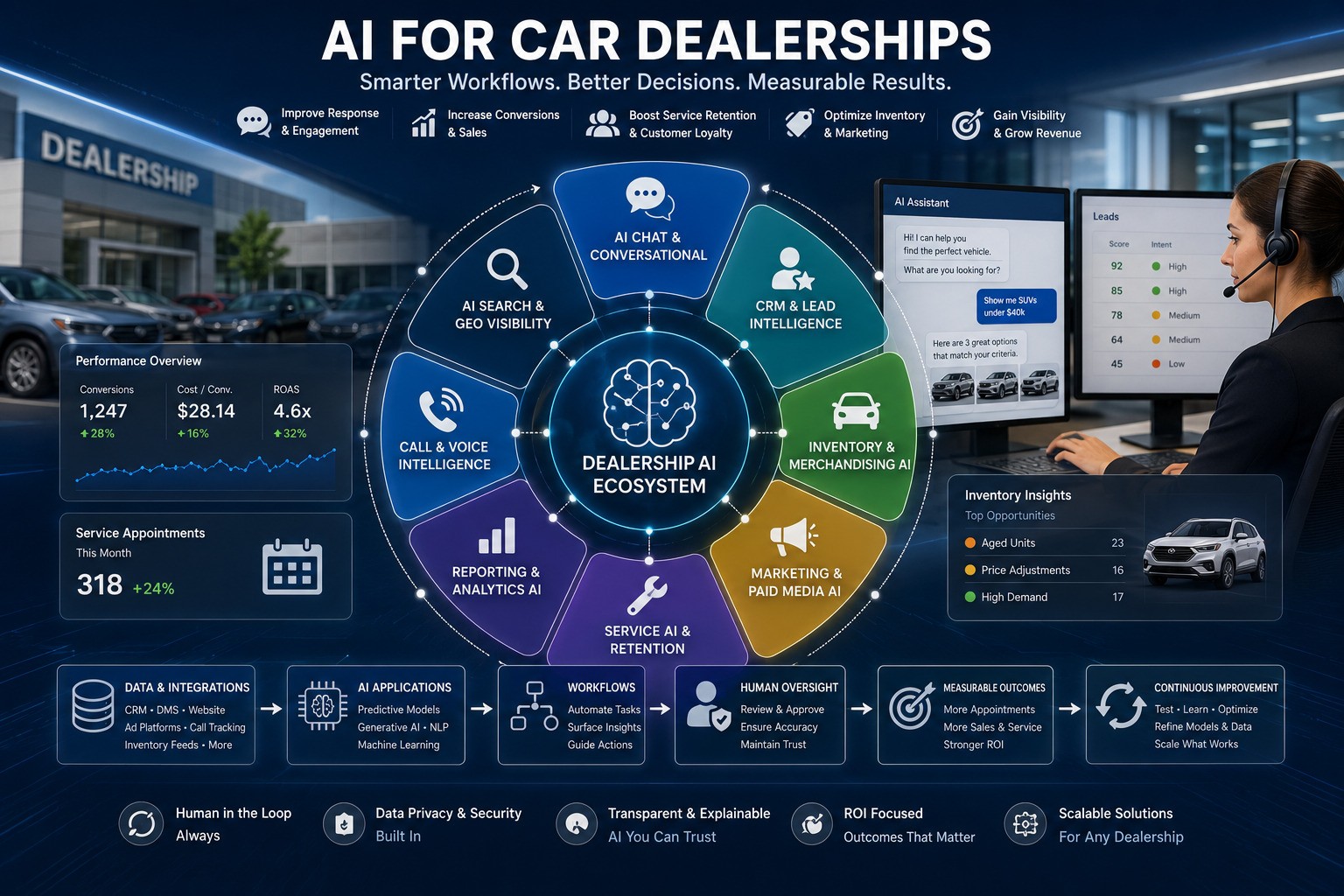 AI for car dealerships framework covering chat, CRM, inventory merchandising, service, reporting, governance and measurable ROI