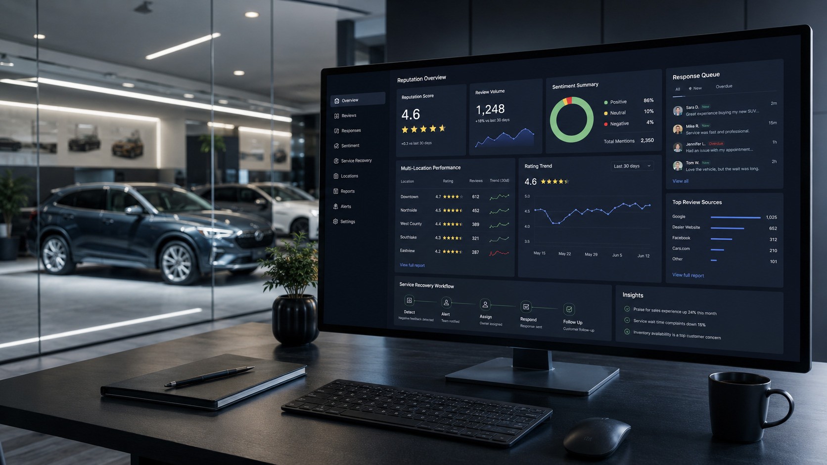Automotive reputation management dashboard for dealership reviews, service recovery, multi-location governance and vendor reporting