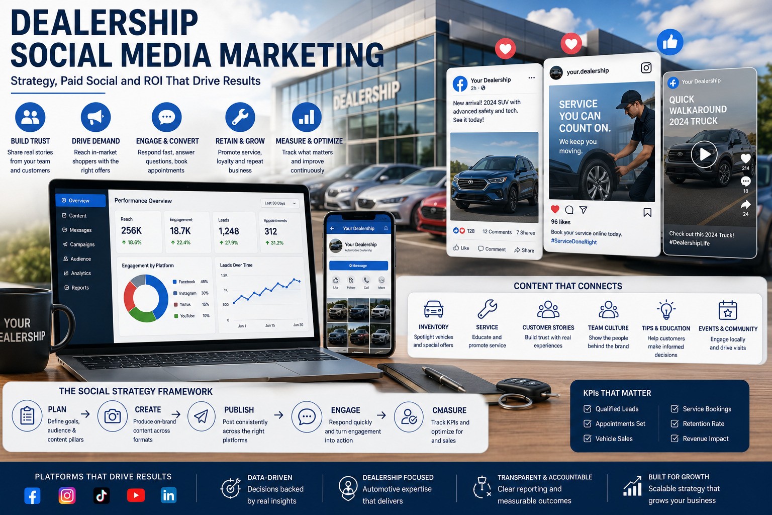 Dealership social media marketing framework covering organic content, paid social, video, inventory, CRM audiences and ROI